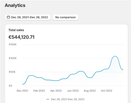 Complete 12-month analytics dashboard documenting more than €544,000 in sales
